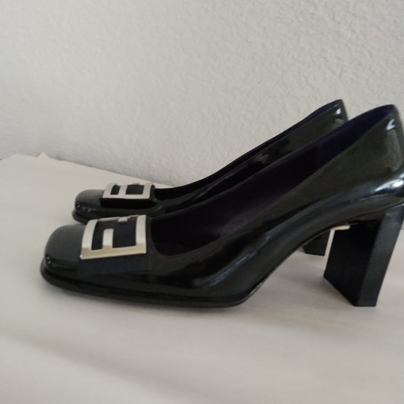 FENDI Silver FF Logo Black Patent Leather Square Toe Heels Vintage New 5.5M - Picture 11 of 12